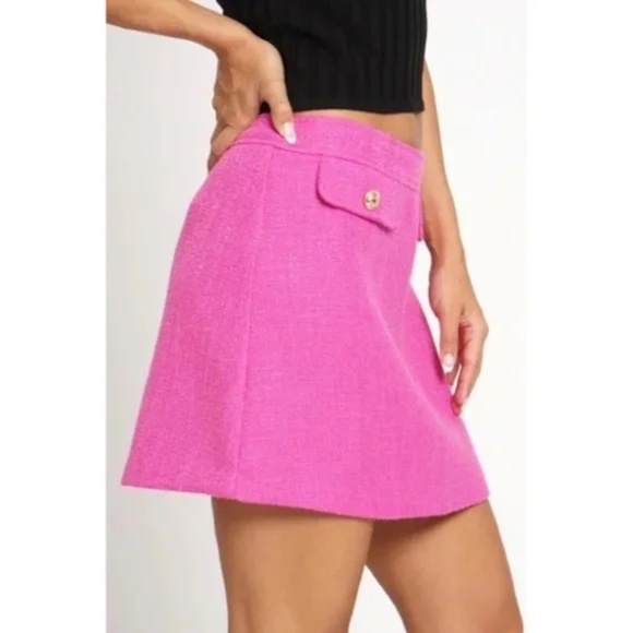 Valentines Day Hot Pink Tweed Faux Pocket Woven Button Mini Skirt - Picture 2 of 4